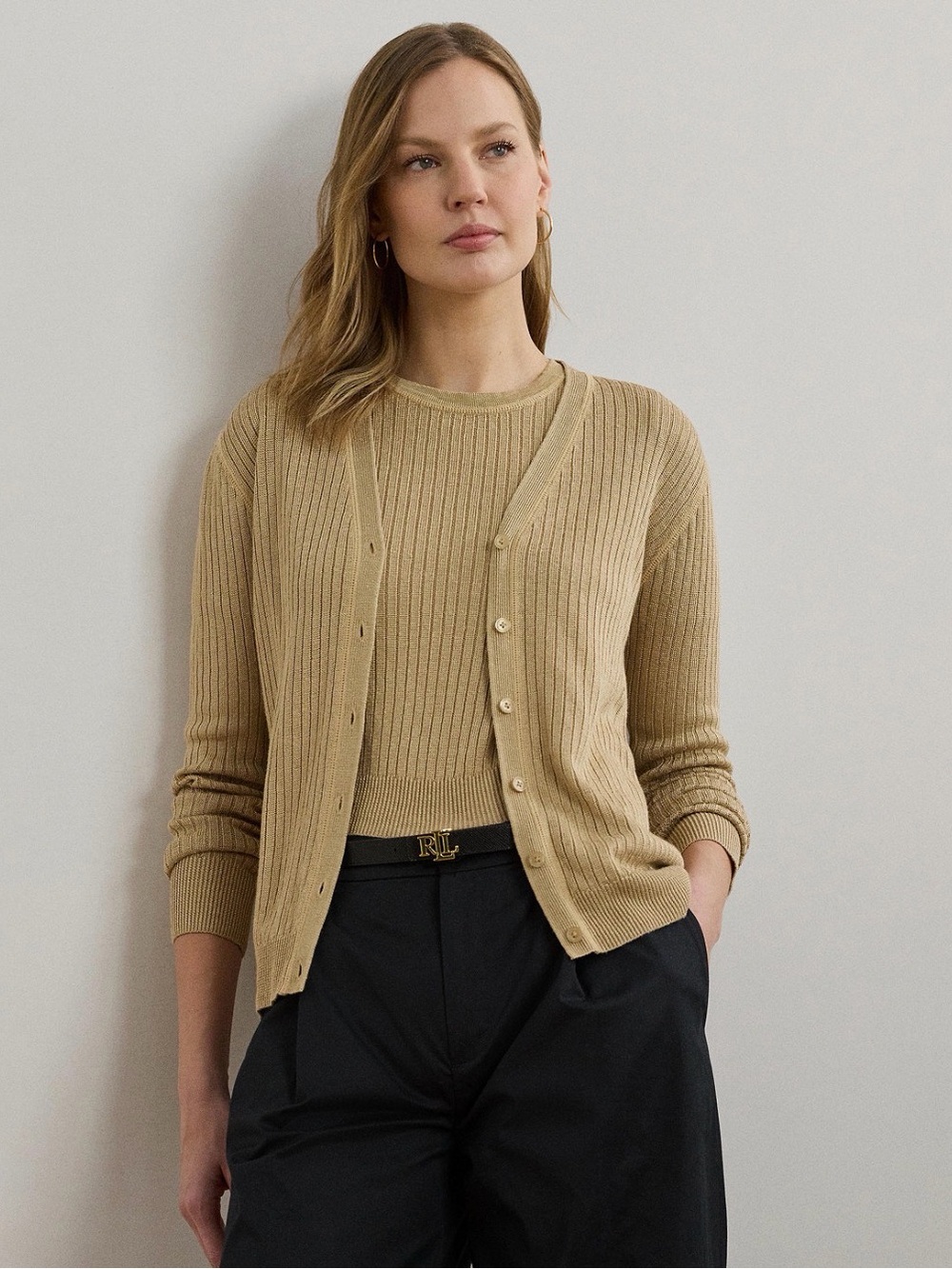 Lauren Ralph Lauren Women's Rib-Knit Linen-Blend V-Neck Cardigan